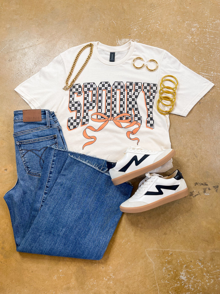 Spooked in Style Checkered Spooky with Bow Short Sleeve Graphic Tee with Crystals in Cream