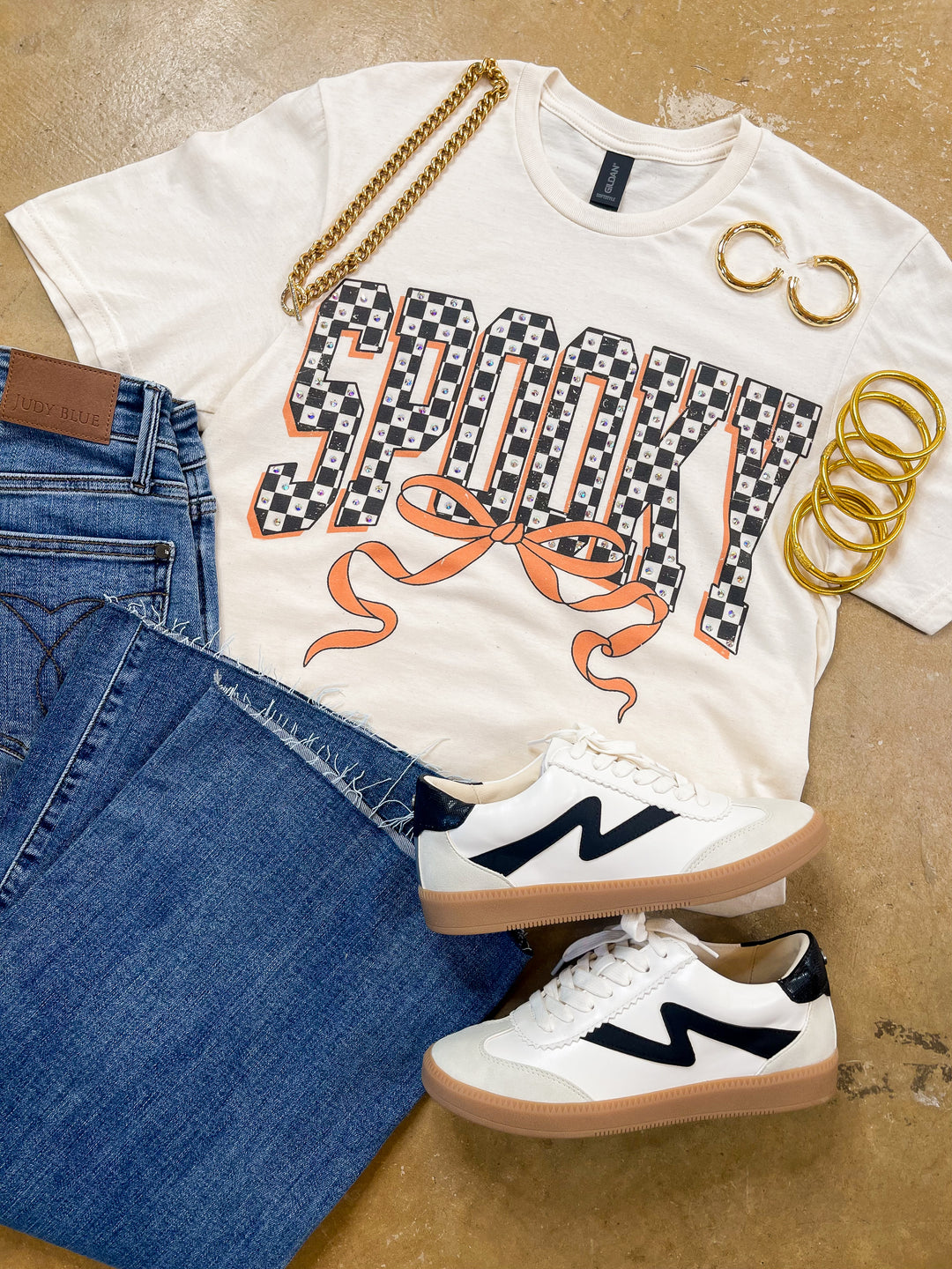 Spooked in Style Checkered Spooky with Bow Short Sleeve Graphic Tee with Crystals in Cream