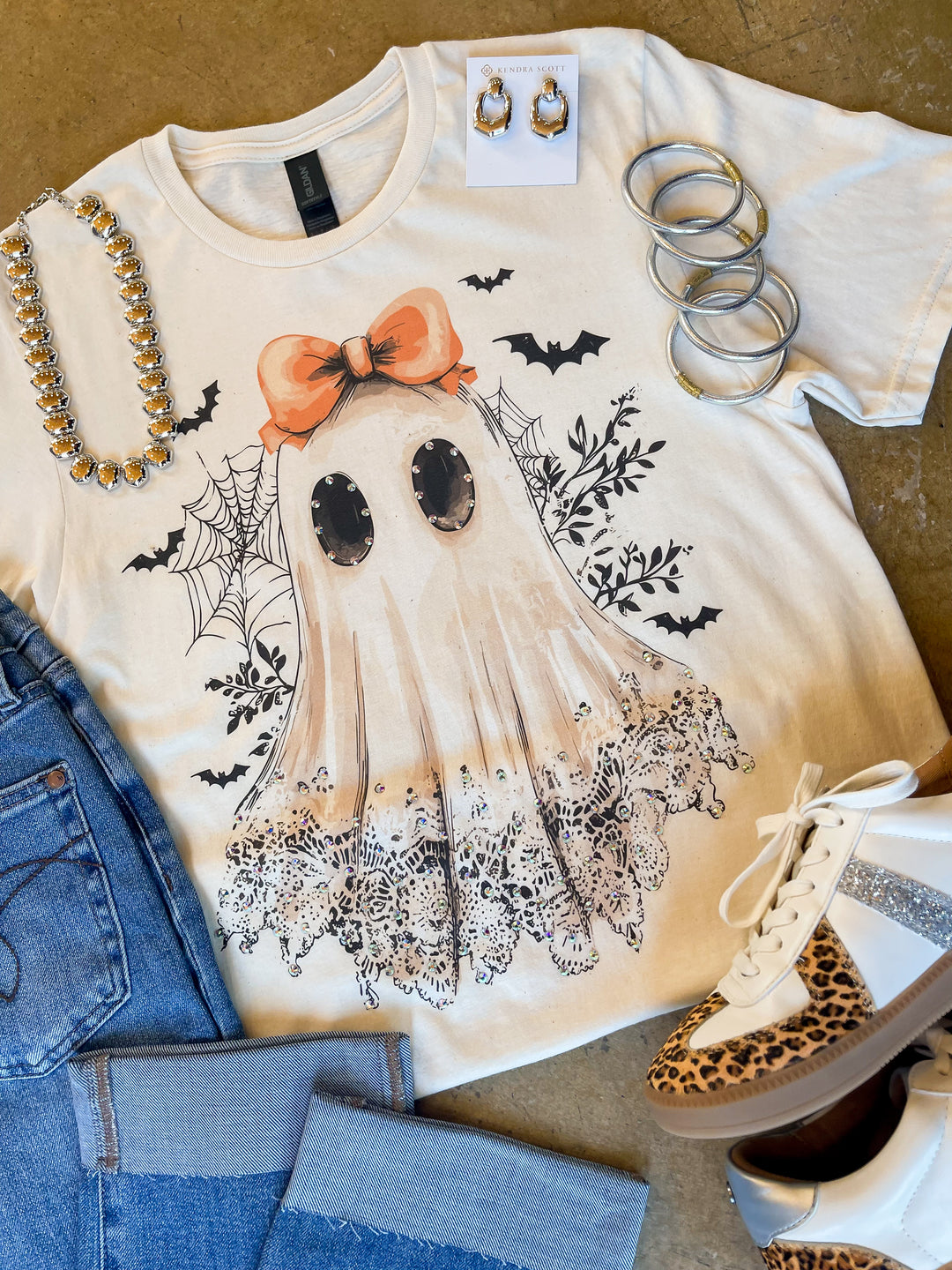 Lovely Little Phantom Lace Ghost Short Sleeve Graphic Tee with Crystals in Cream