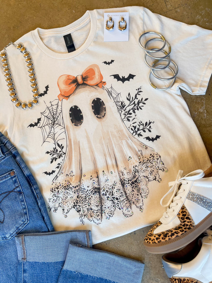 Lovely Little Phantom Lace Ghost Short Sleeve Graphic Tee with Crystals in Cream