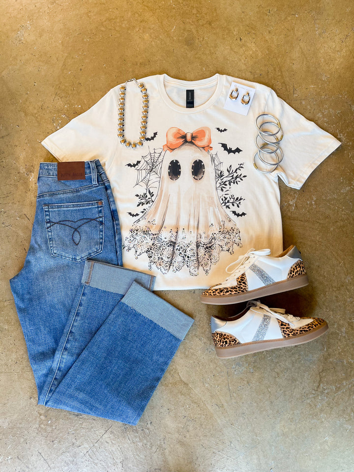 Lovely Little Phantom Lace Ghost Short Sleeve Graphic Tee with Crystals in Cream