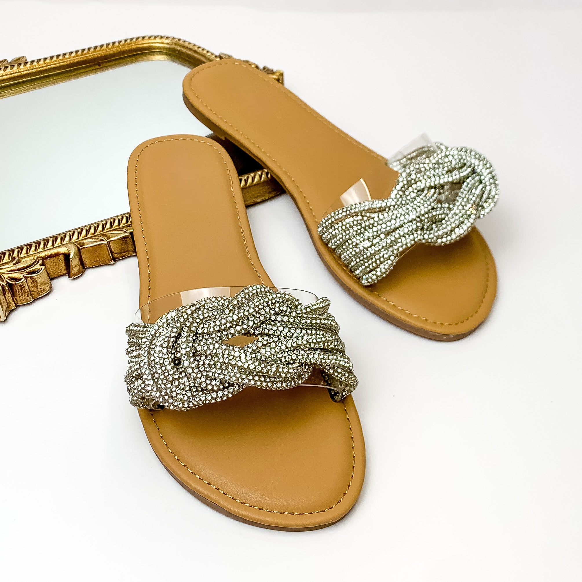 Perfectly Polished Crystal Knot Slide On Sandals in Clear