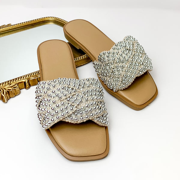 Totally Darling Nude Knit Slide On Sandals with Silver Beaded Embellishment