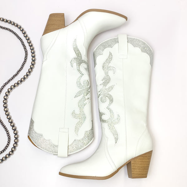 Lonestar Beauty Western Stitch Boots with Clear Crystal Embellishment in White