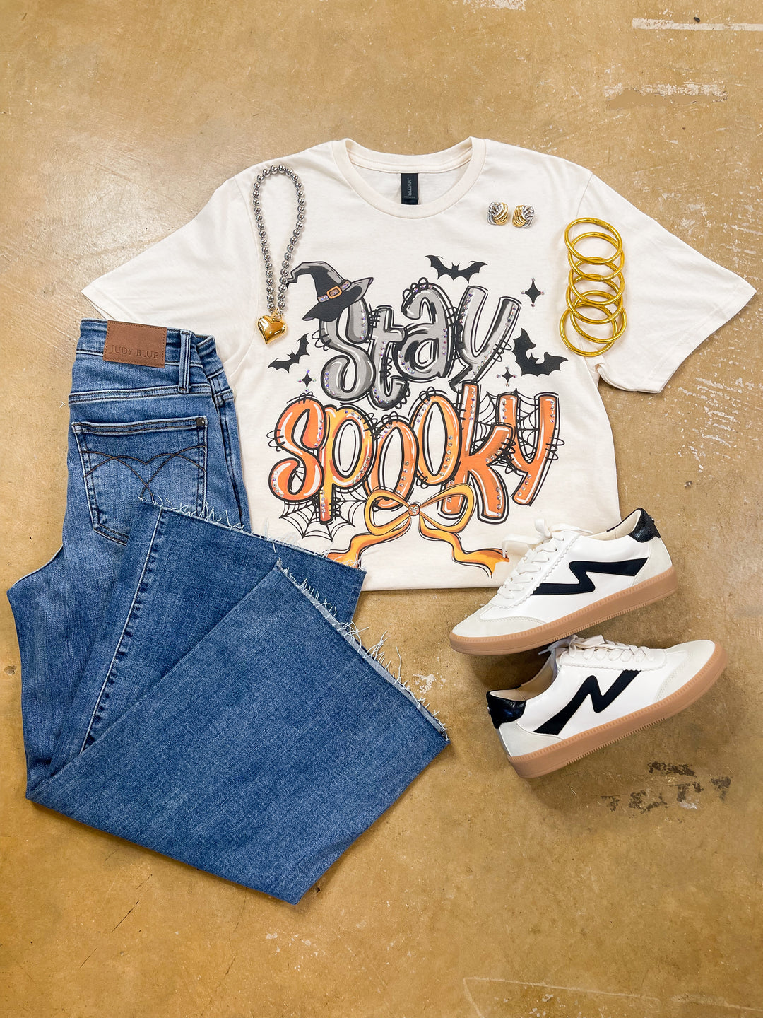 Haute and Haunted Stay Spooky Short Sleeve Graphic Tee with Crystals in Cream