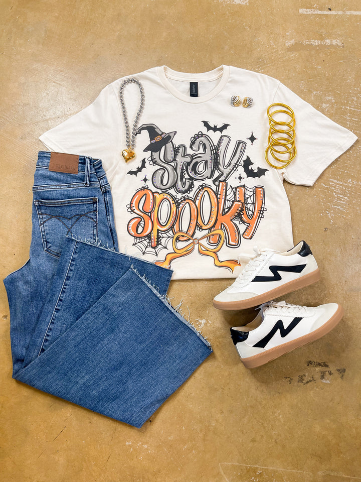 Haute and Haunted Stay Spooky Short Sleeve Graphic Tee with Crystals in Cream