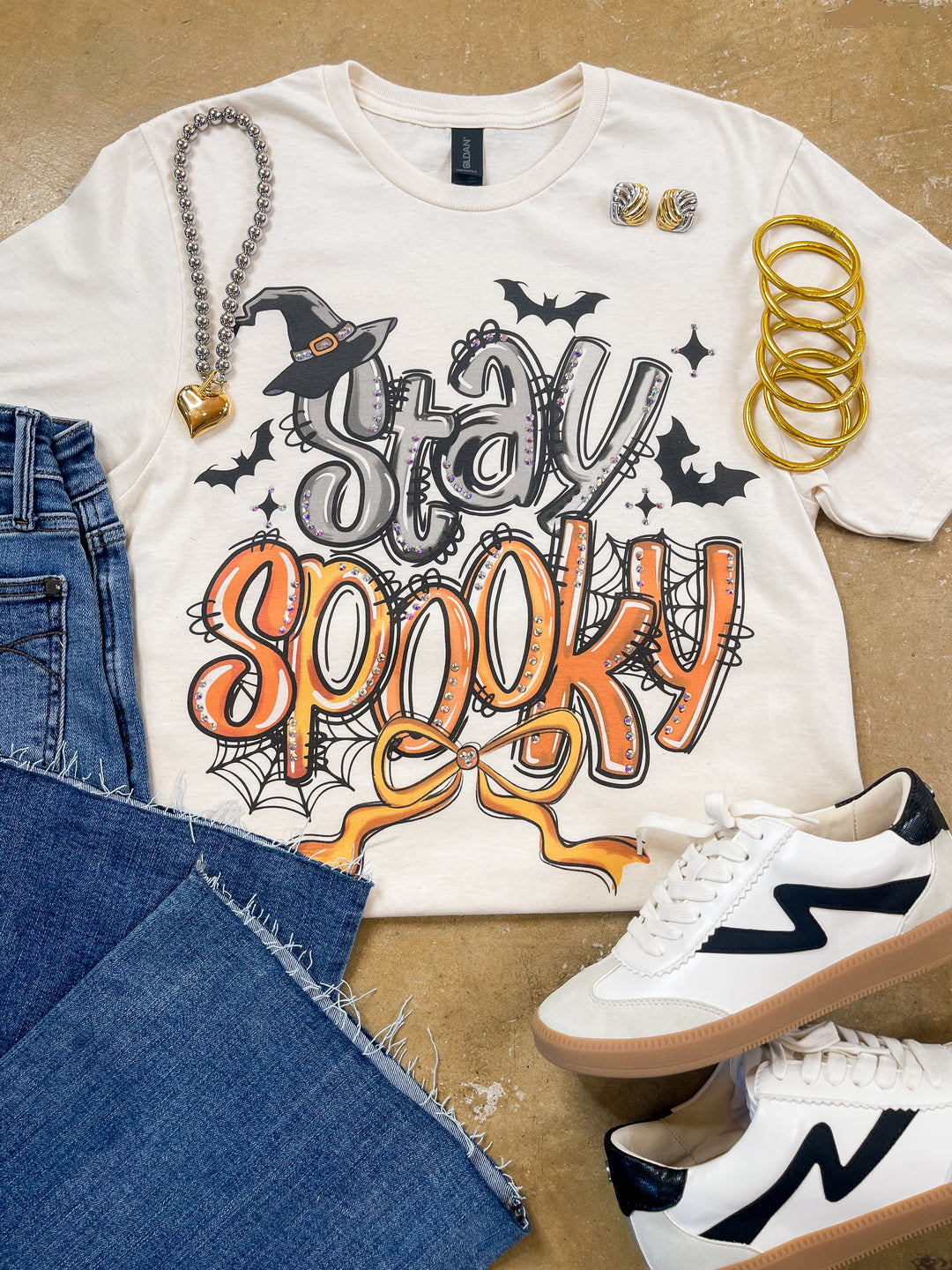 Haute and Haunted Stay Spooky Short Sleeve Graphic Tee with Crystals in Cream