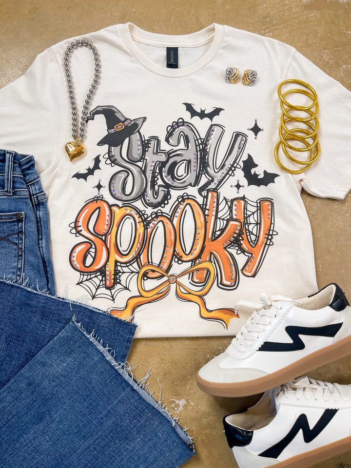 Haute and Haunted Stay Spooky Short Sleeve Graphic Tee with Crystals in Cream