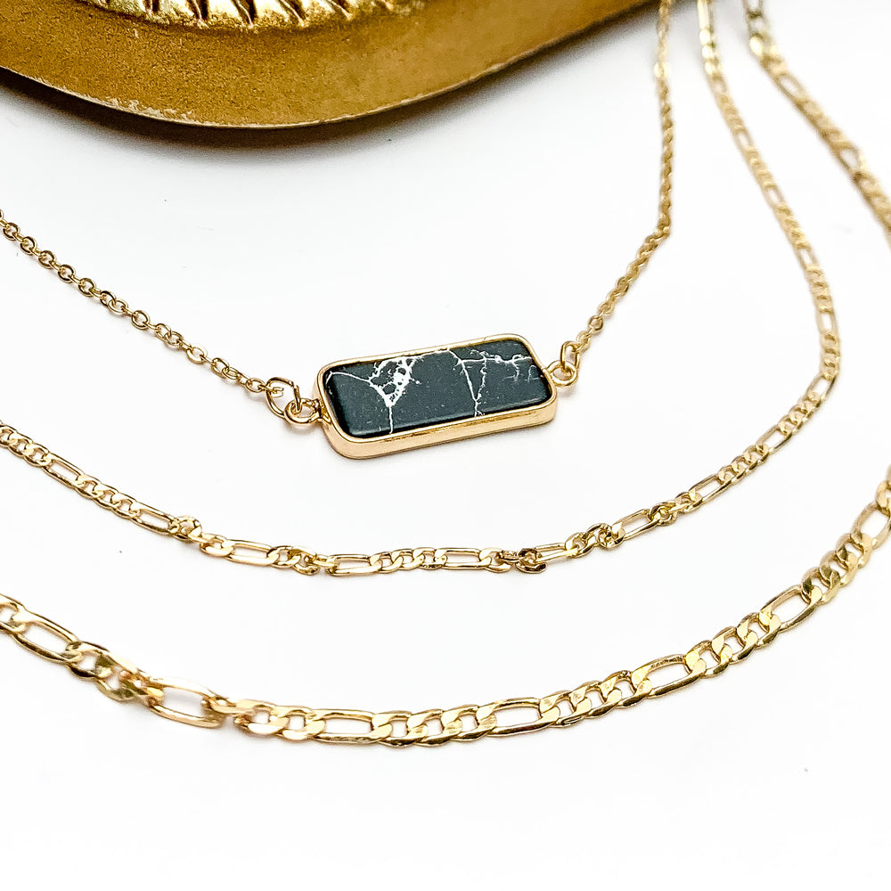Black Stone Pendant Gold Tone Chain Three layered Necklace - Giddy Up Glamour Boutique