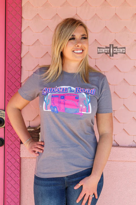 Online Exclusive | Queen Of The Road Short Sleeve Graphic Tee in Grey - Giddy Up Glamour Boutique