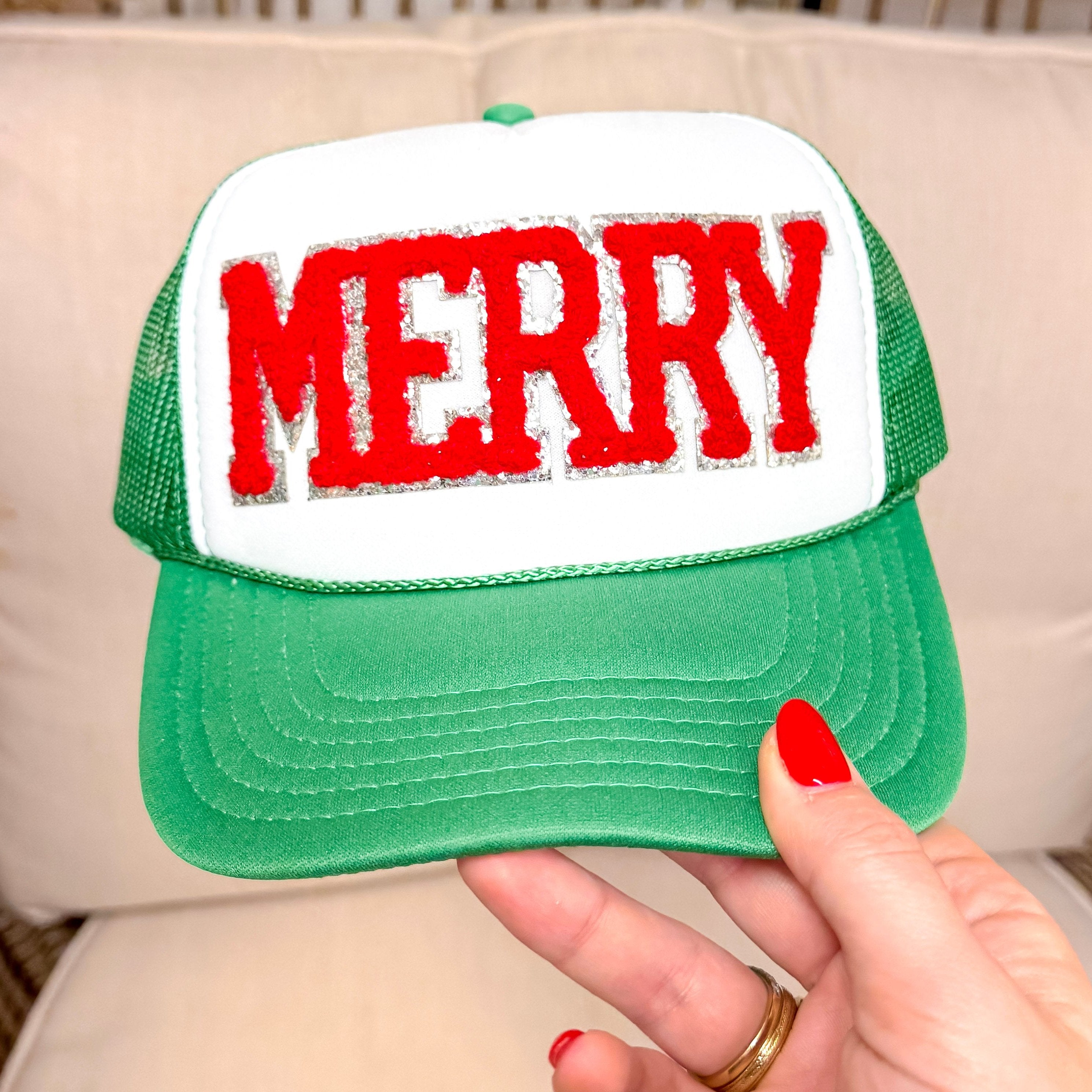 Merry Chenille Letters Foam Trucker Hat in Green and White