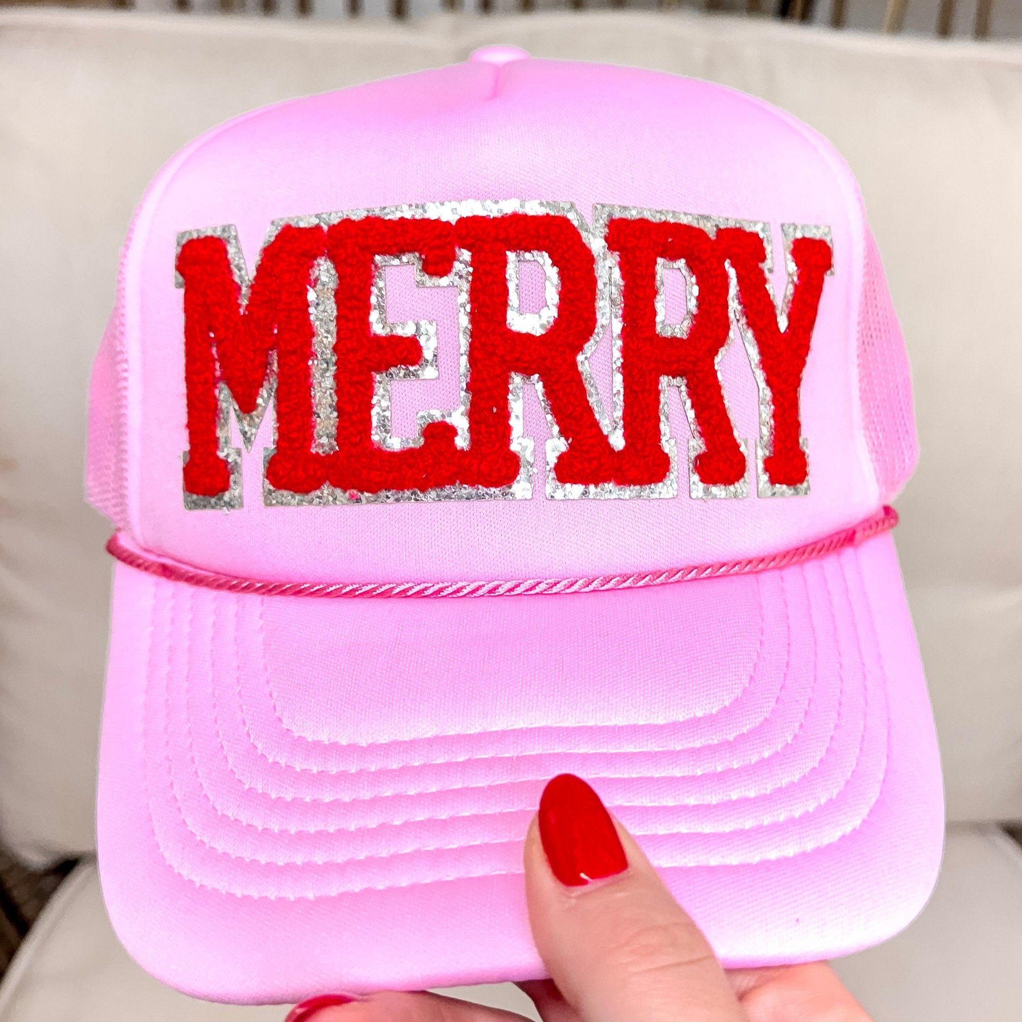 Merry Chenille Letters Foam Trucker Hat in Pink