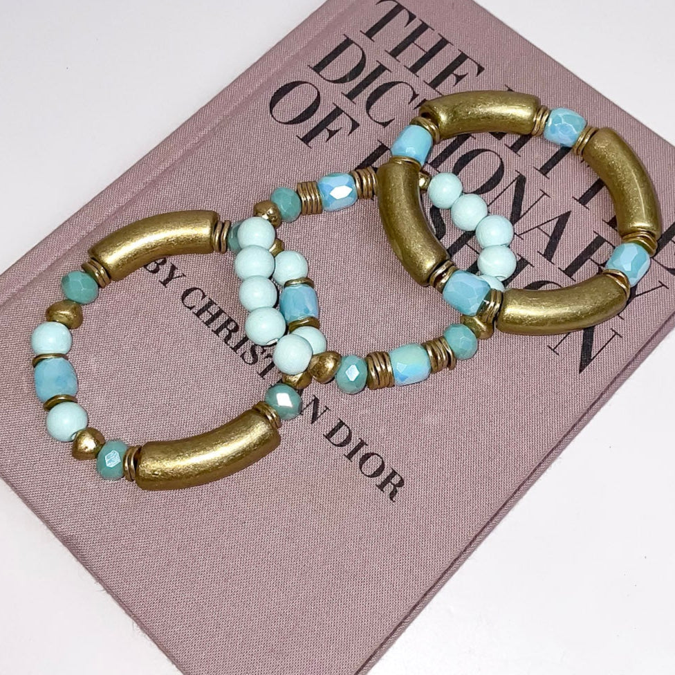 Mint Blue and Gold 3 Piece Bracelet Set