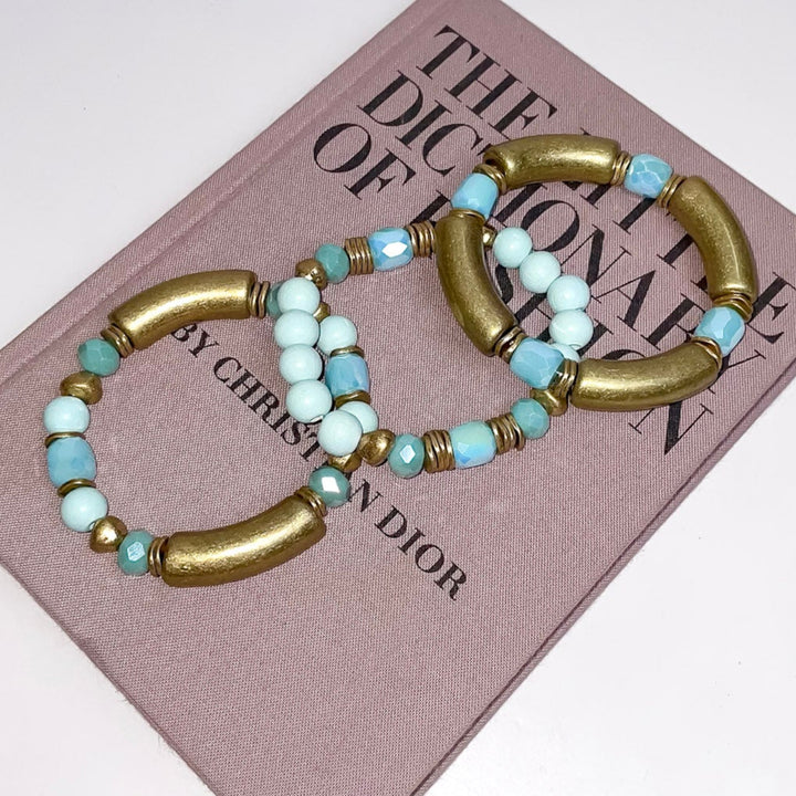 Mint Blue and Gold 3 Piece Bracelet Set