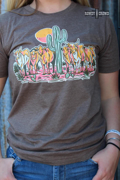 Online Exclusive | Cattle Drive Short Sleeve Graphic Tee in Brown - Giddy Up Glamour Boutique