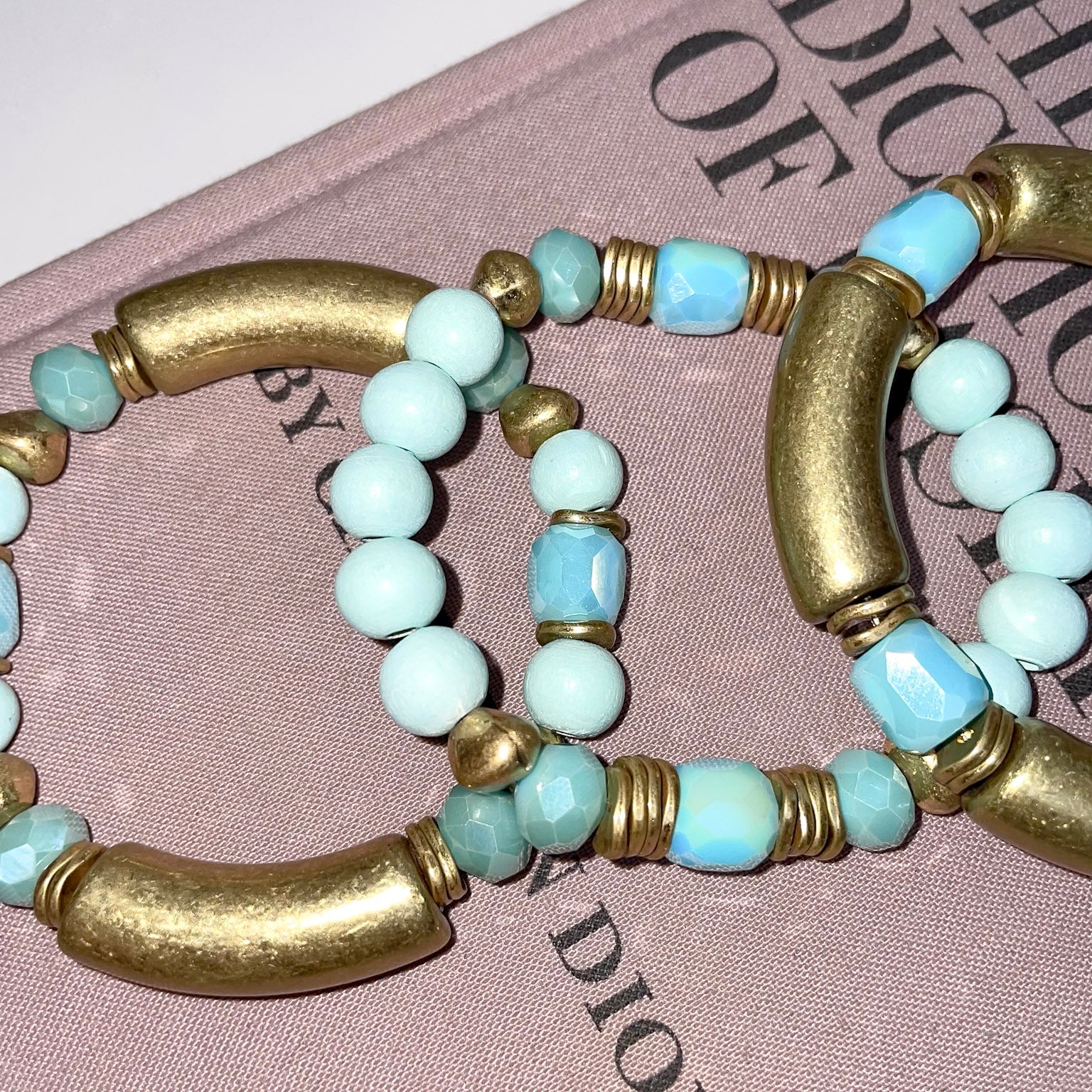 Mint Blue and Gold 3 Piece Bracelet Set