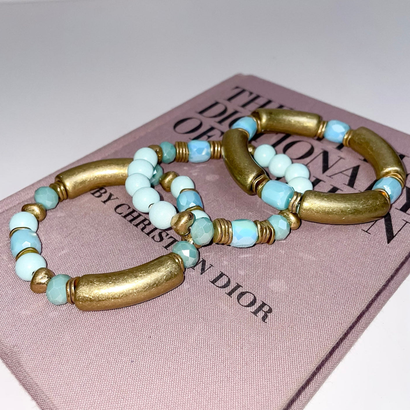 Mint Blue and Gold 3 Piece Bracelet Set