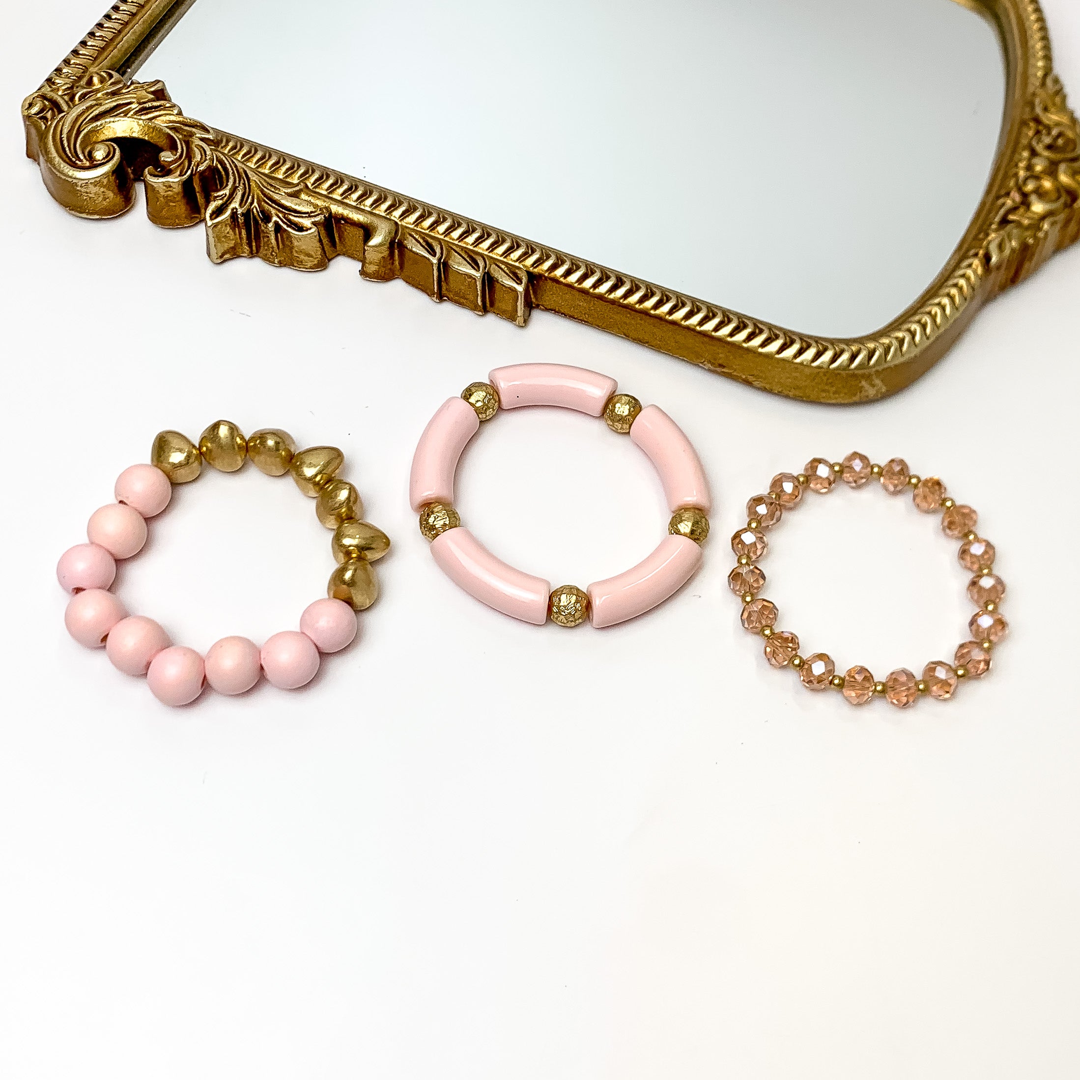 Set of Three | Island Dream Crystal and Marble Beaded Bracelet Set in Light Pink - Giddy Up Glamour Boutique