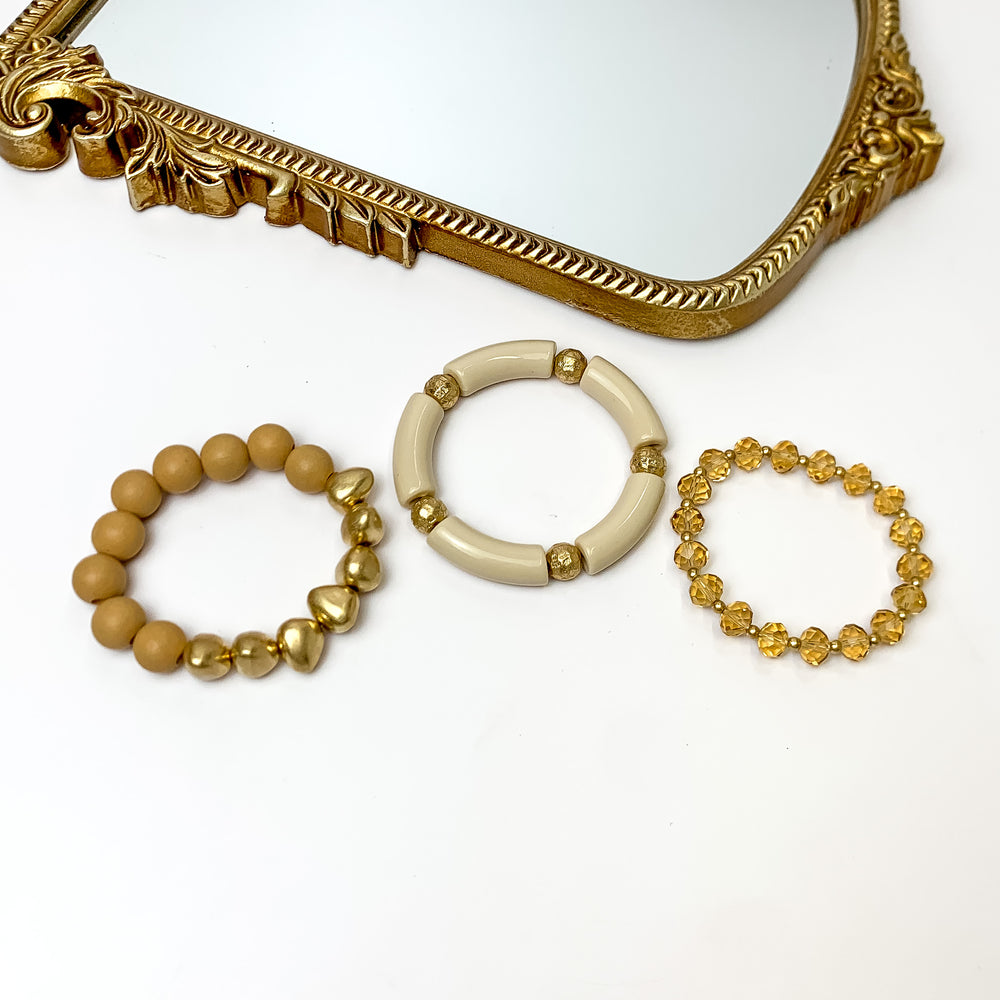 Set of Three | Island Dream Crystal and Marble Beaded Bracelet Set in Beige Brown - Giddy Up Glamour Boutique