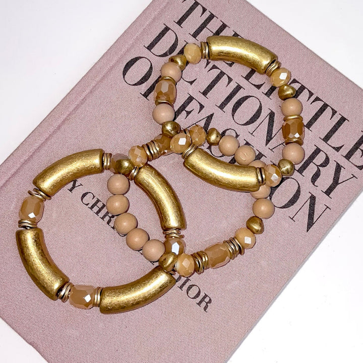Taupe and Gold 3 Piece Bracelet Set