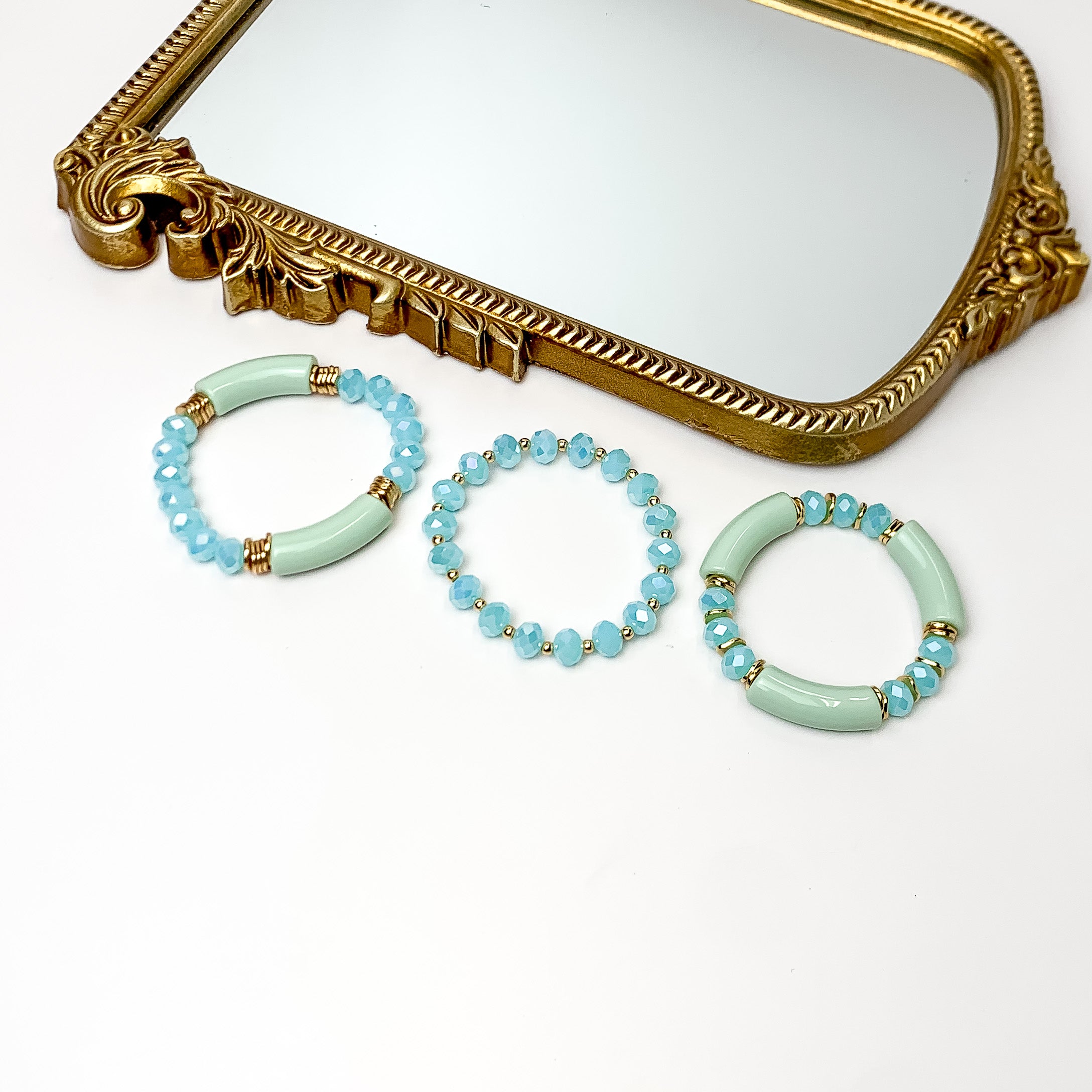 Set of Three | Sunny Bliss Crystal Beaded Bracelet Set in Light Blue - Giddy Up Glamour Boutique