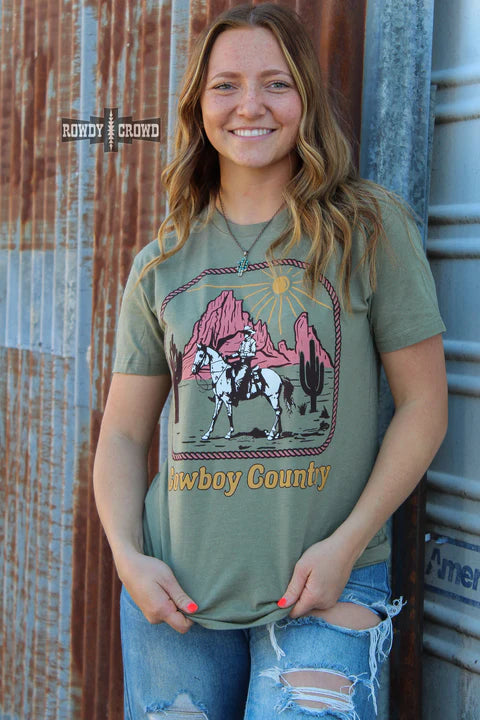 Online Exclusive | Cowboy Country Short Sleeve Graphic Tee in Green - Giddy Up Glamour Boutique