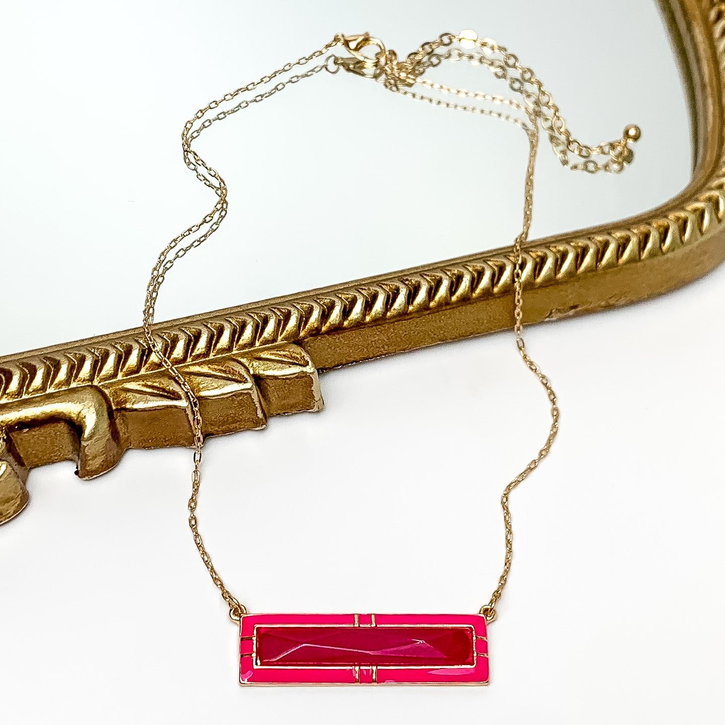 Everyday Gold Tone Chain Necklace With Rectangular Pendant in Fuchsia - Giddy Up Glamour Boutique