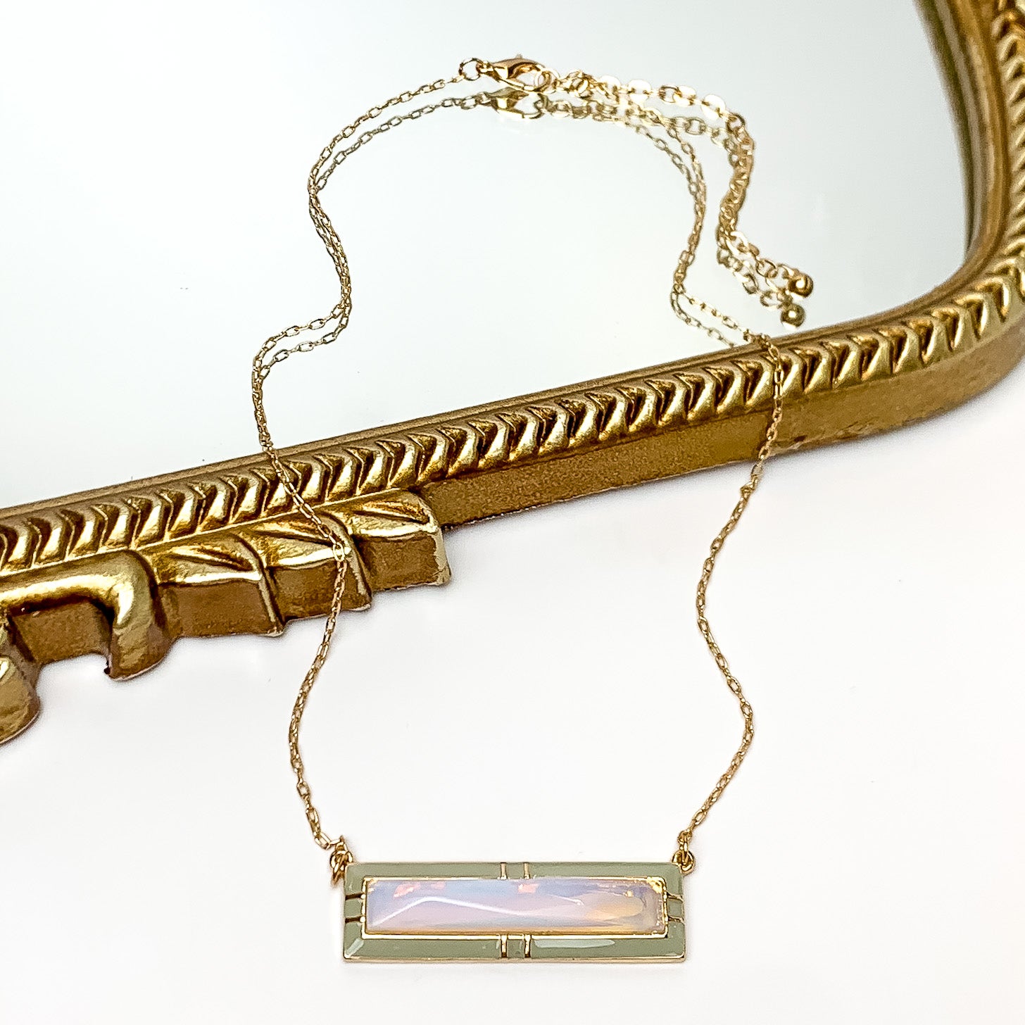 Everyday Gold Tone Chain Necklace With Rectangular Pendant in Opal - Giddy Up Glamour Boutique