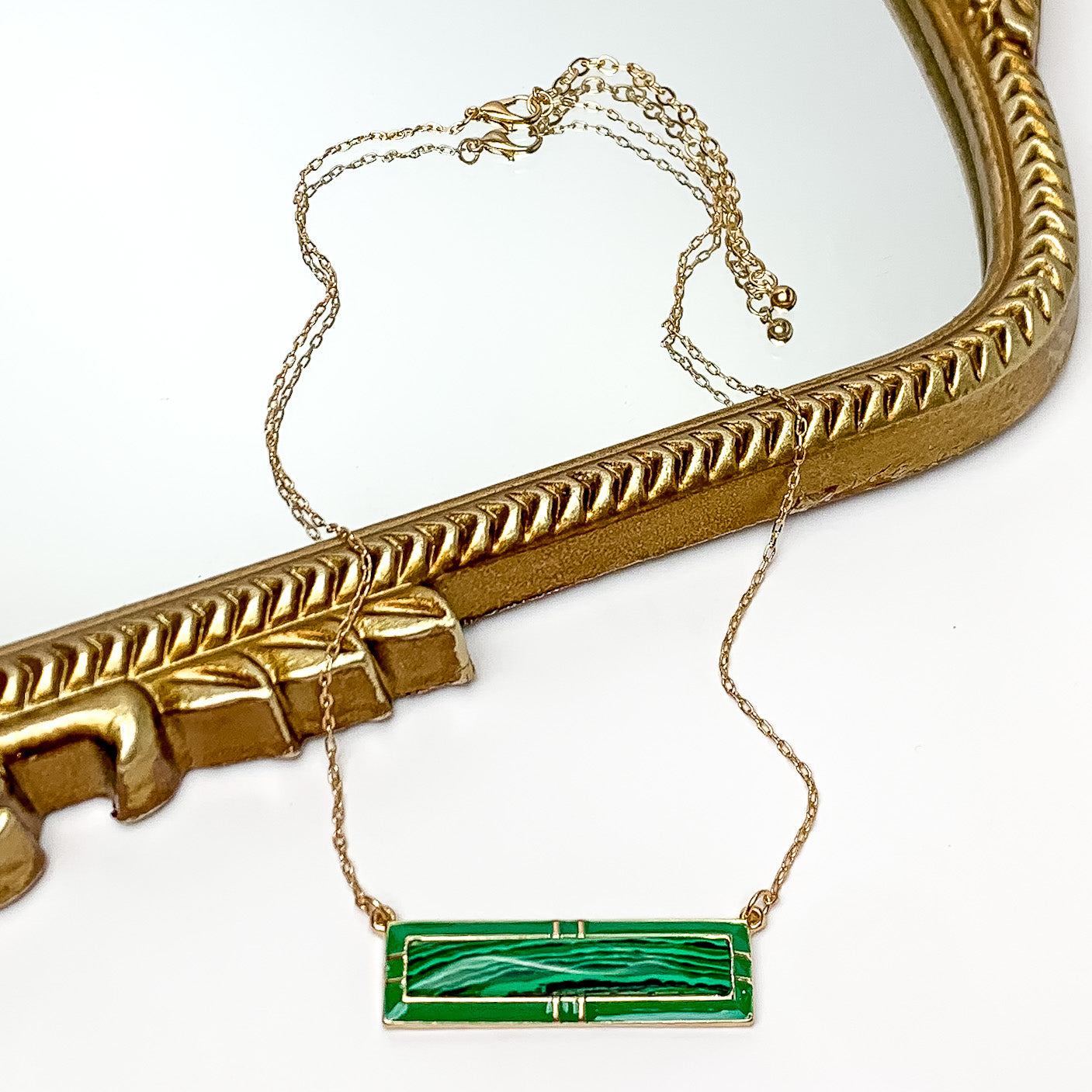 Everyday Gold Tone Chain Necklace With Rectangular Pendant in Kelly Green - Giddy Up Glamour Boutique