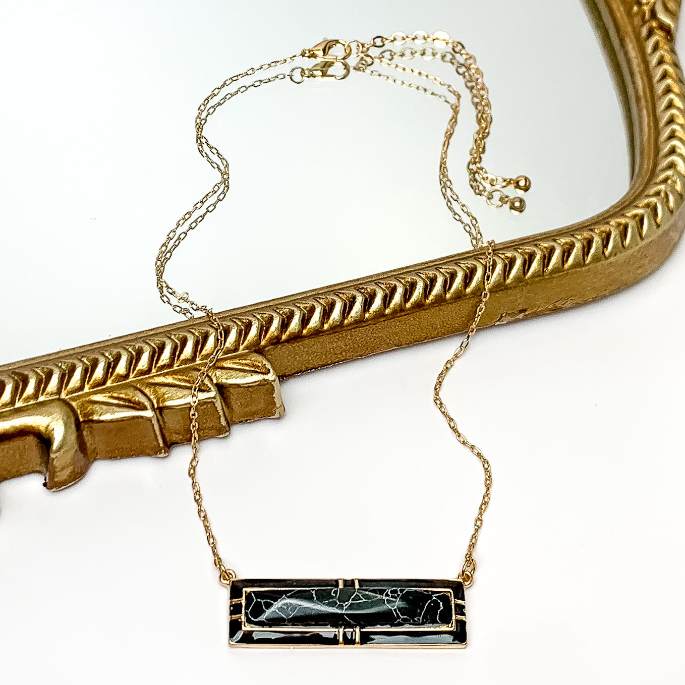 Everyday Gold Tone Chain Necklace With Rectangular Pendant in Black Marble - Giddy Up Glamour Boutique