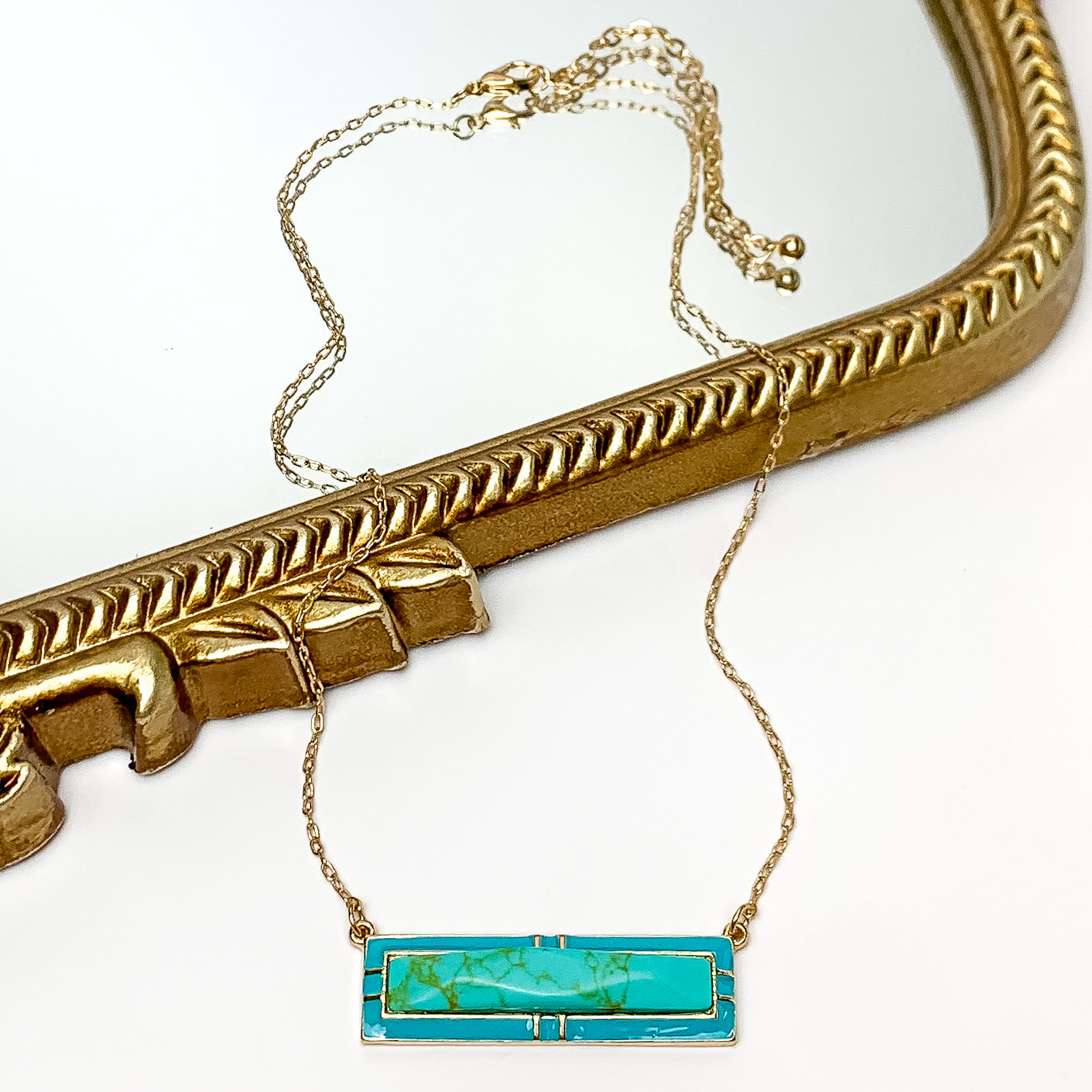 Everyday Gold Tone Chain Necklace With Rectangular Pendant in Turquoise - Giddy Up Glamour Boutique