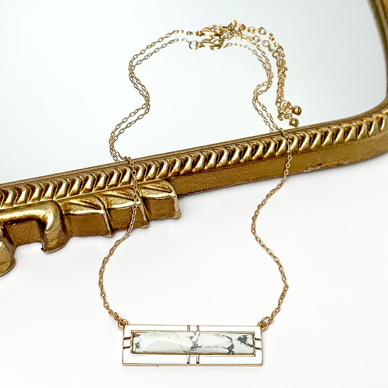 Everyday Gold Tone Chain Necklace With Rectangular Pendant in White Marble - Giddy Up Glamour Boutique