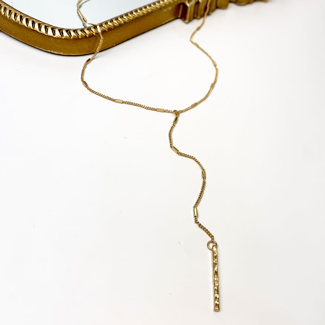 Gold Tone Y Necklace With Hammered Rectangle Charms - Giddy Up Glamour Boutique