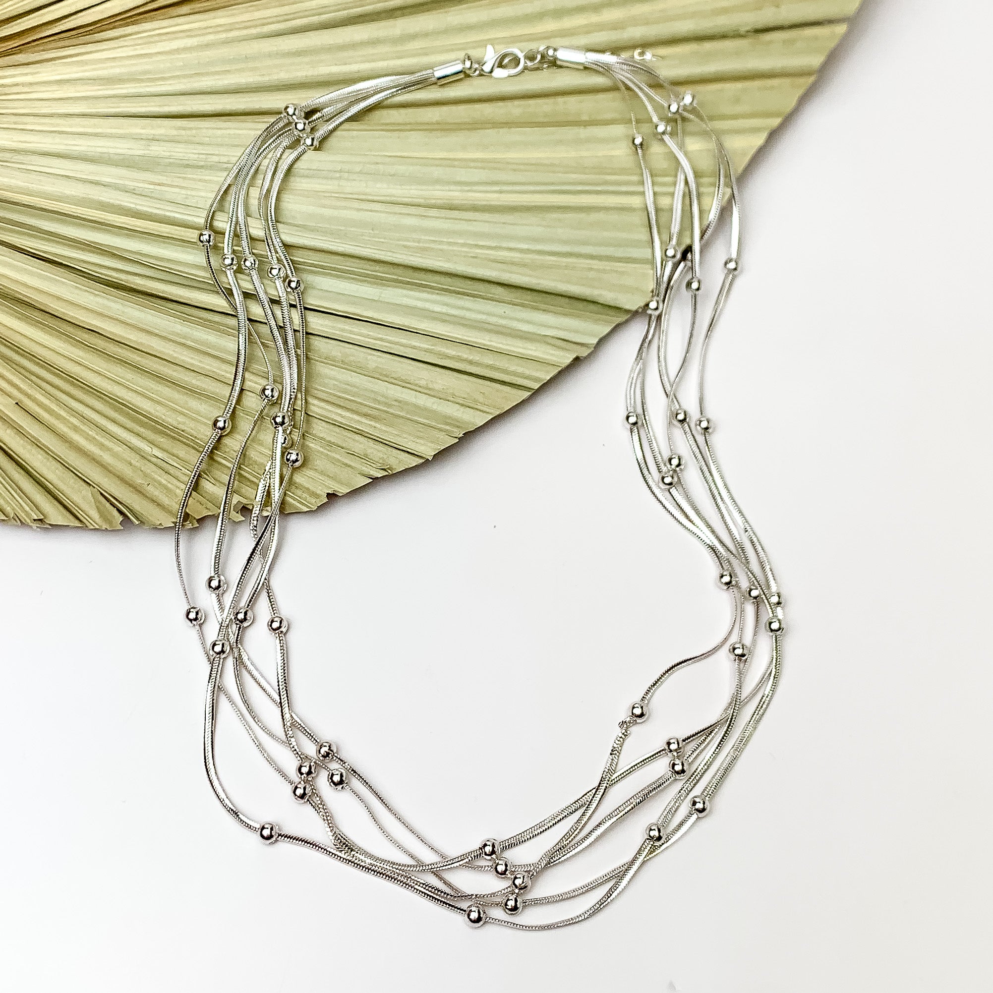 Silver Tone Layered Necklace With Circle Charms. Pictured on a white background with the necklace laying on a fan leaf.