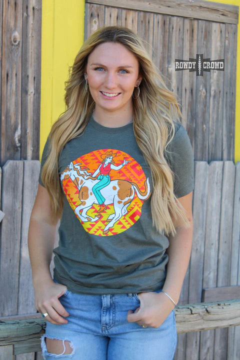 Online Exclusive | Aztec Cowgirl Short Sleeve Graphic Tee in Grey - Giddy Up Glamour Boutique