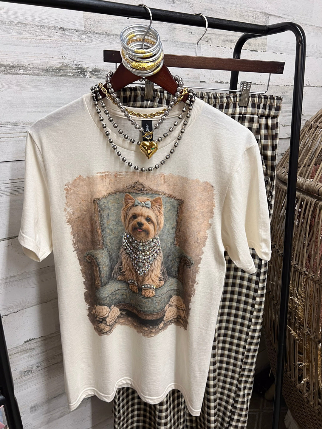 Prissy Penny Glam Turquoise Blue Yorkie Short Sleeve Graphic Tee with Crystals in Cream