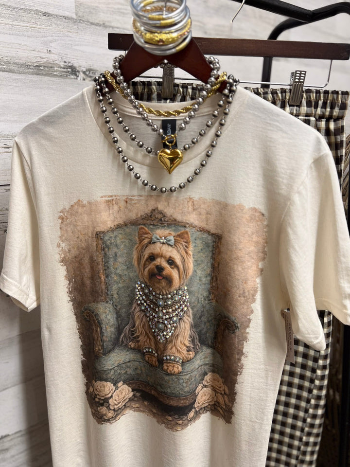 Prissy Penny Glam Turquoise Blue Yorkie Short Sleeve Graphic Tee with Crystals in Cream