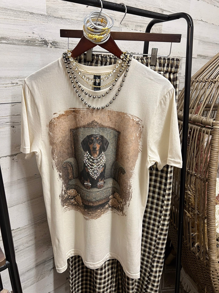 Duchess Desirae Glam Dachshund Dog Printed Short Sleeve Graphic Tee with Crystals in Cream