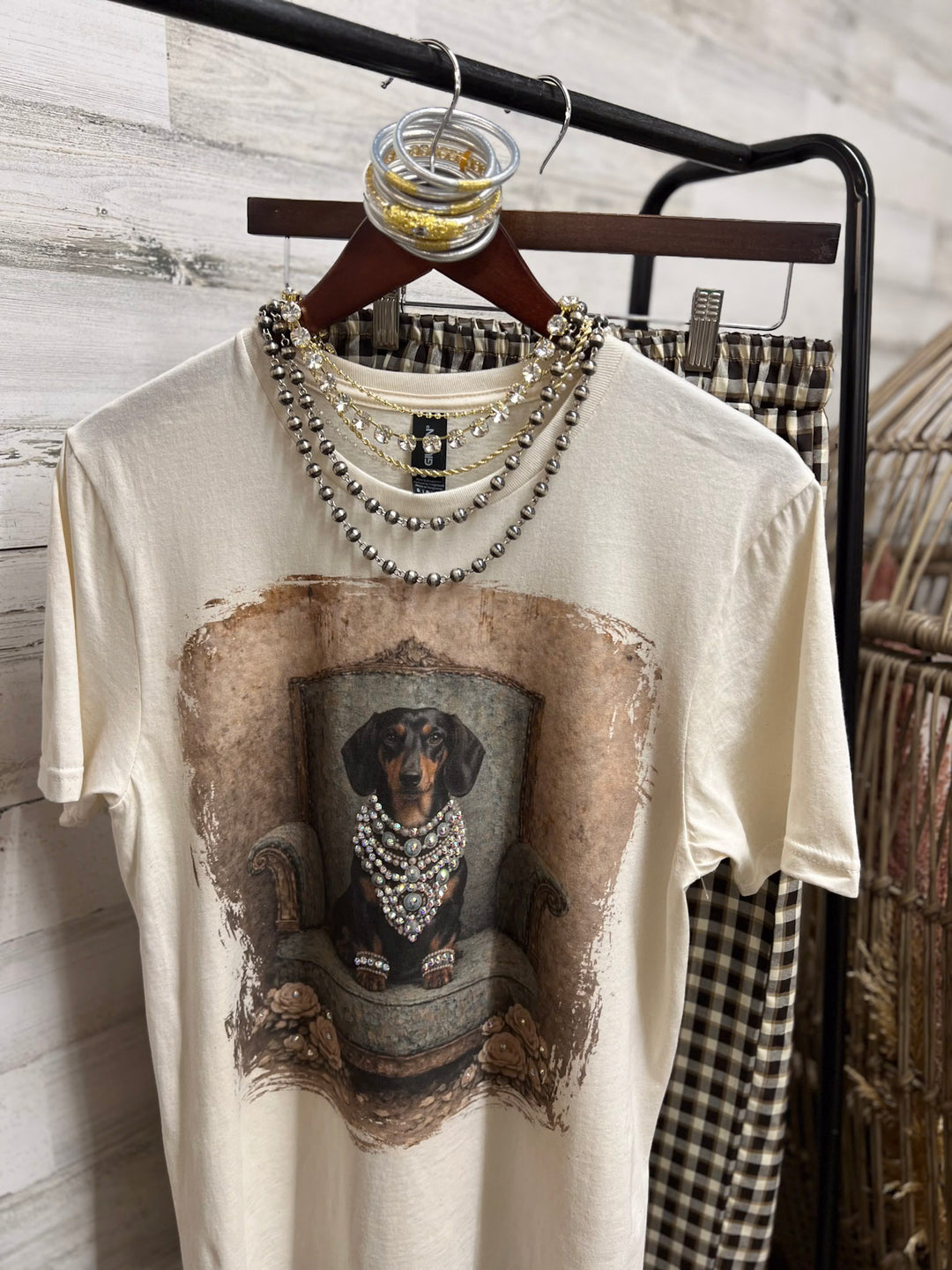 Duchess Desirae Glam Dachshund Dog Printed Short Sleeve Graphic Tee with Crystals in Cream
