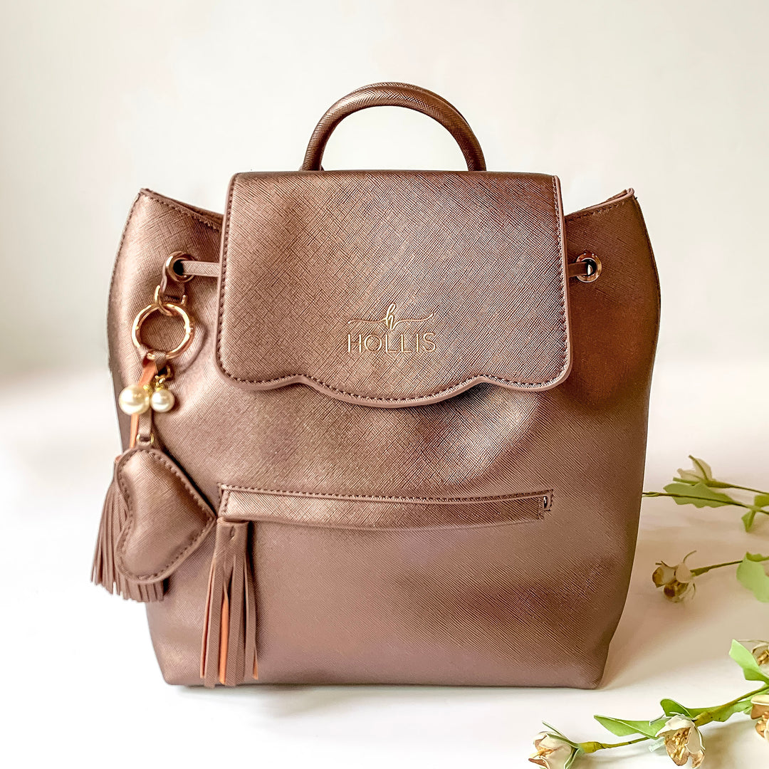 black faux leather backpack rose gold Hollis