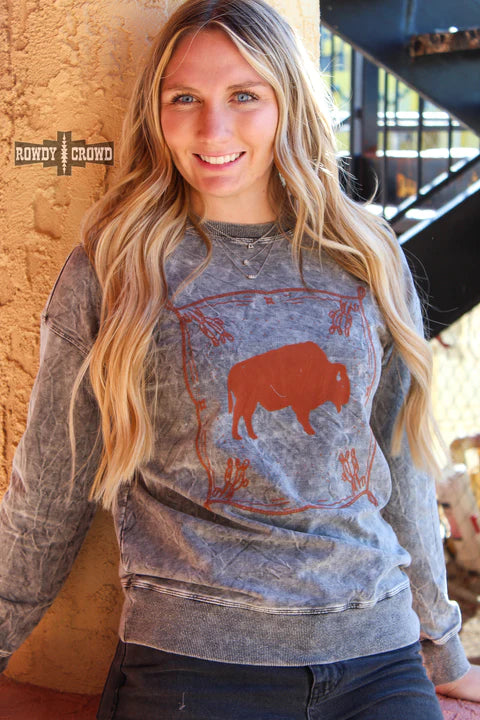 Online Exclusive | Blazing Buffalo Long Sleeve Sweater in Grey - Giddy Up Glamour Boutique