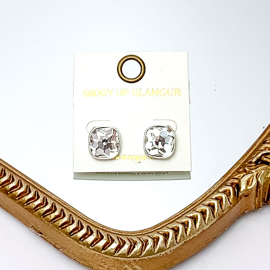 Clear Cushion Cut Crystal Stud Earrings in Silver - Giddy Up Glamour Boutique