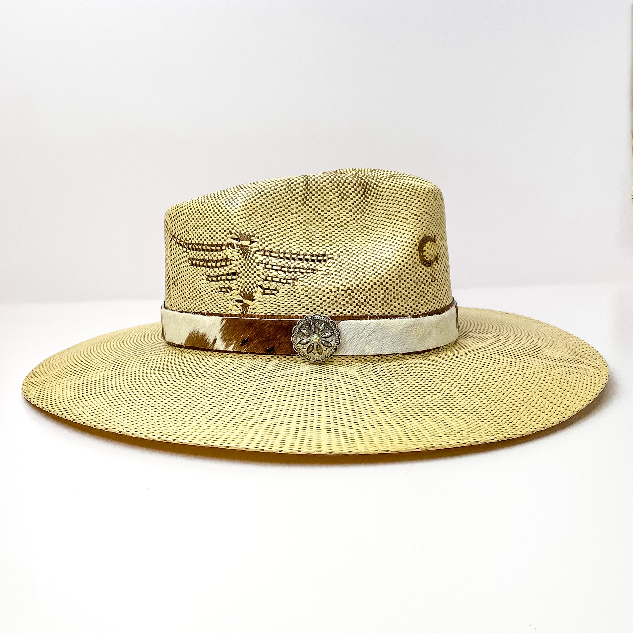 Cow Print Hat Band with Silver Tone Concho Charm in Brown, Grey, and White - Giddy Up Glamour Boutique