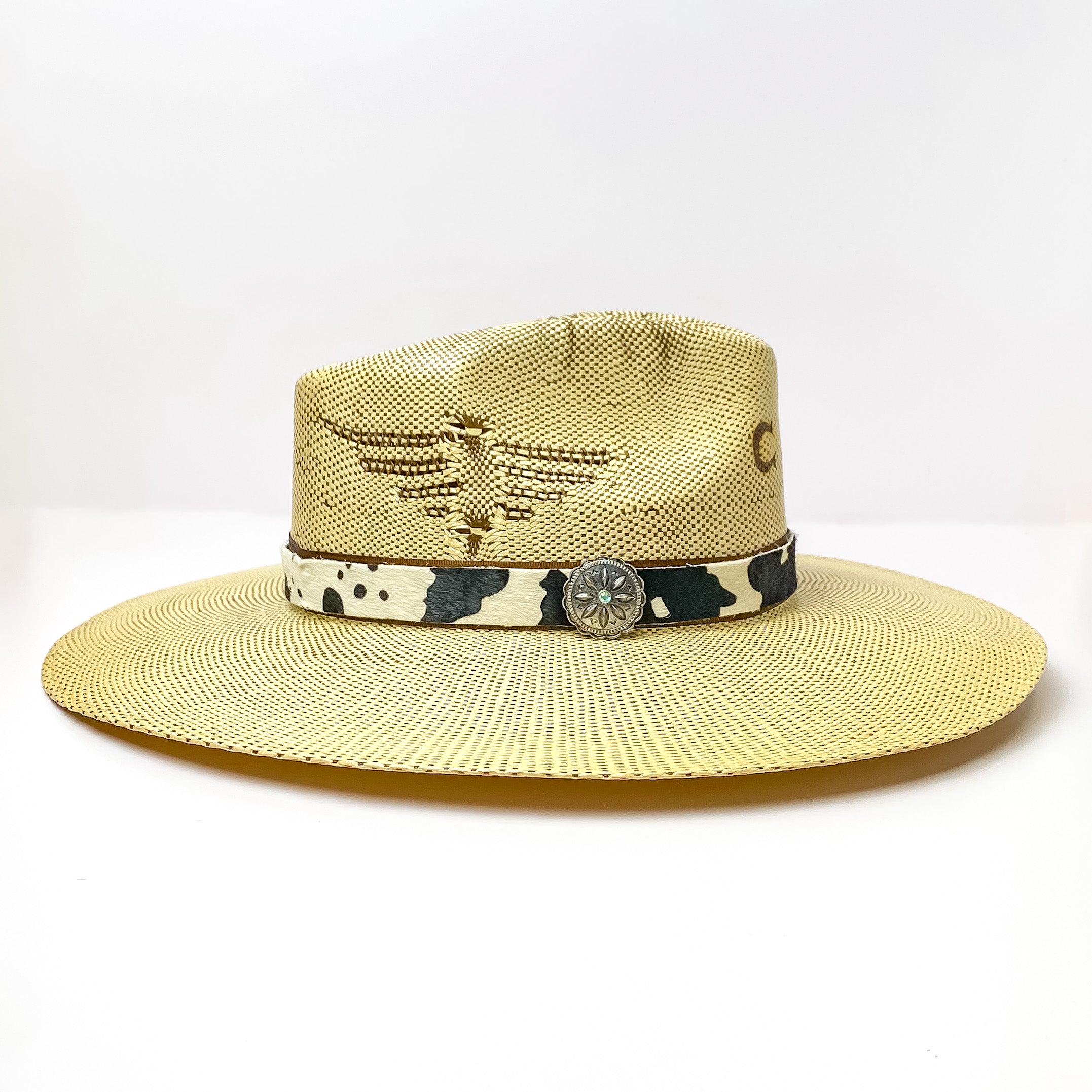 Cow Print Hat Band with Silver Concho Charm in Black and Ivory - Giddy Up Glamour Boutique