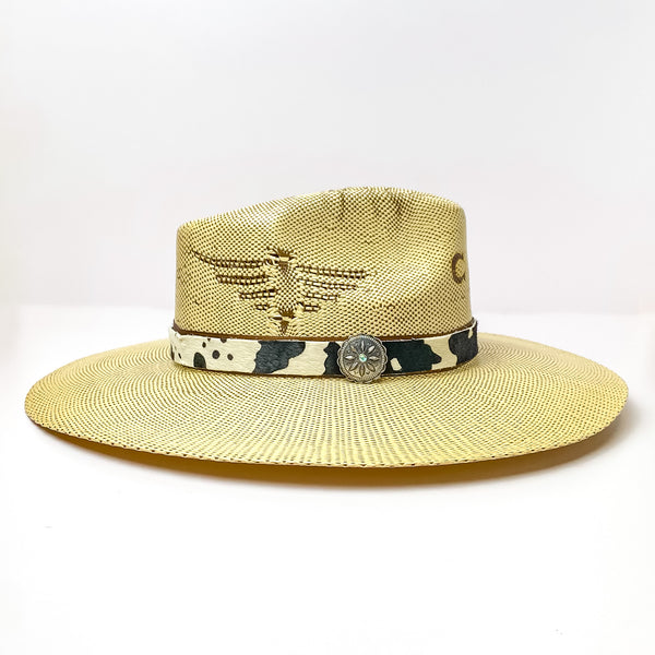 Cow Print Hat Band with Silver Concho Charm in Black and Ivory