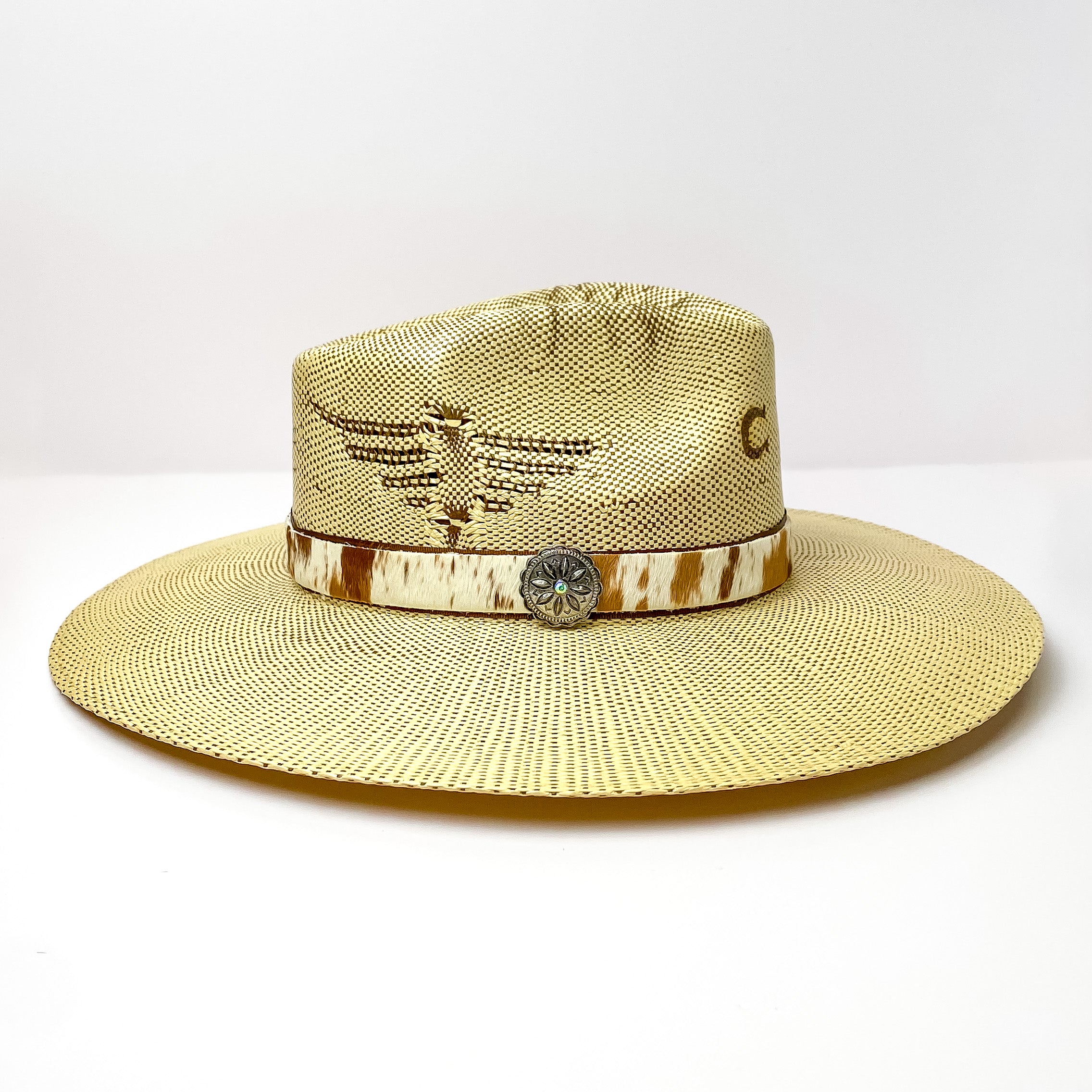 Cow Print Hat Band with Silver Tone Concho Charm in Brown, Tan, and Ivory - Giddy Up Glamour Boutique