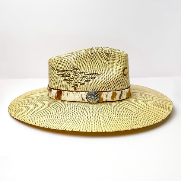 Cow Print Hat Band with Silver Tone Concho Charm in Brown, Tan, and Ivory