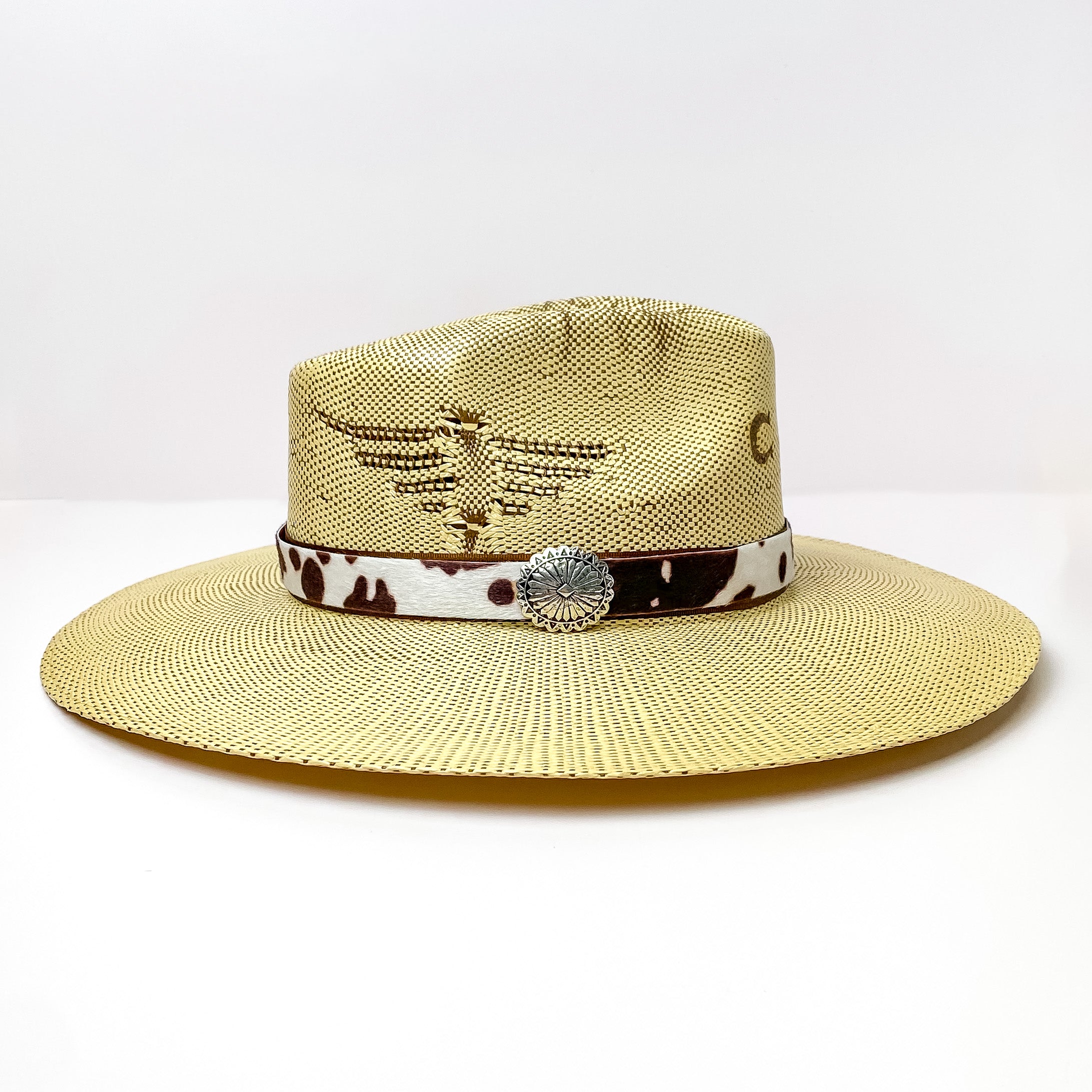 Back Road Chillin Cow Print Hat Band in Dark Brown/Silver Tone - Giddy Up Glamour Boutique