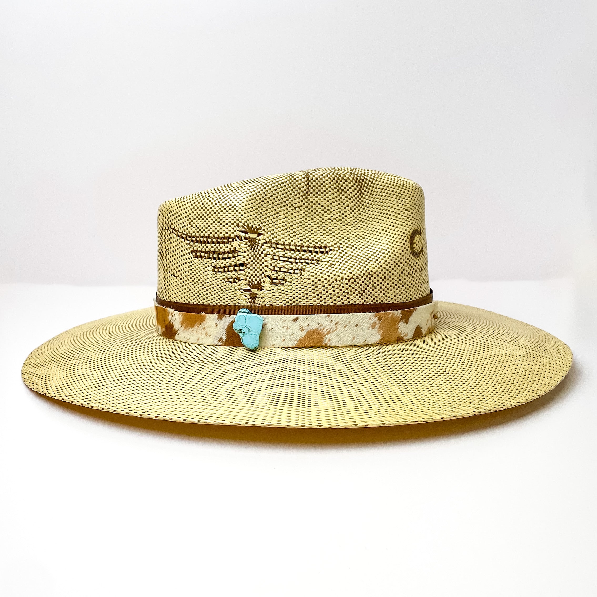Cow Print Hat Band with Faux Turquoise Charm in Brown, Tan, and Ivory - Giddy Up Glamour Boutique
