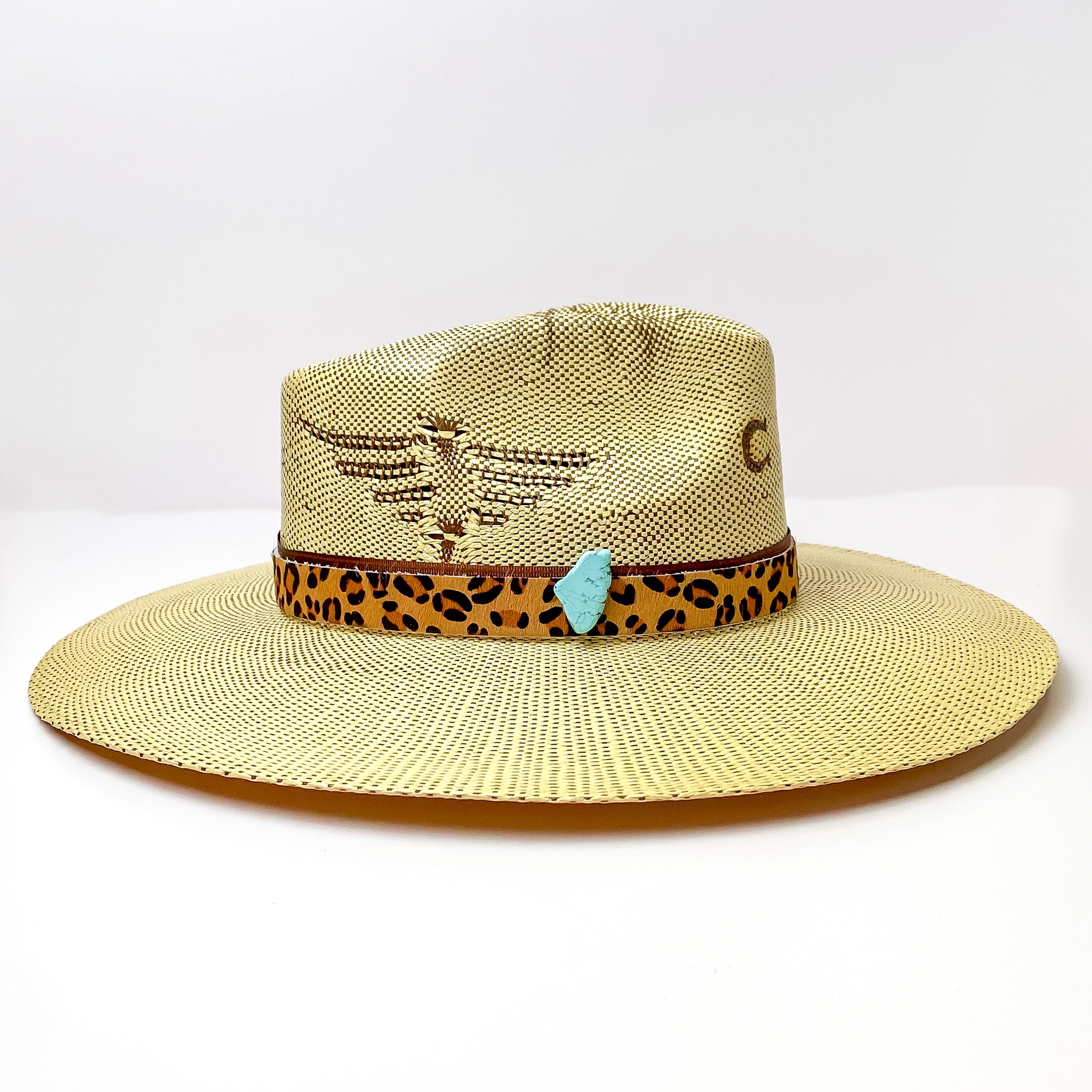 Leopard Print Hat Band with Faux Turquoise Charm - Giddy Up Glamour Boutique